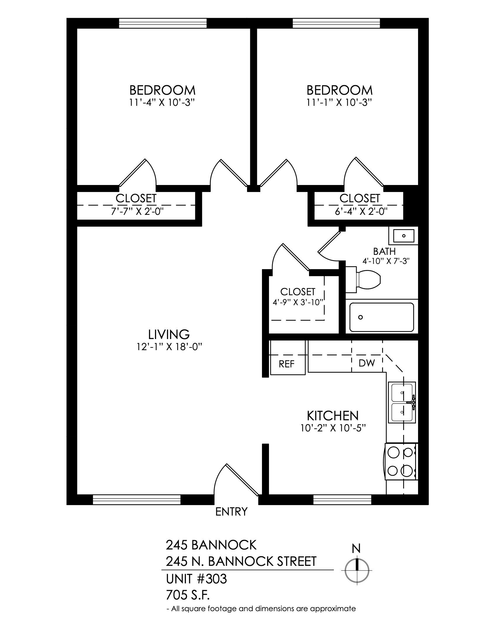 Floor plan for 2 beds, 1 bath, 740 sqft